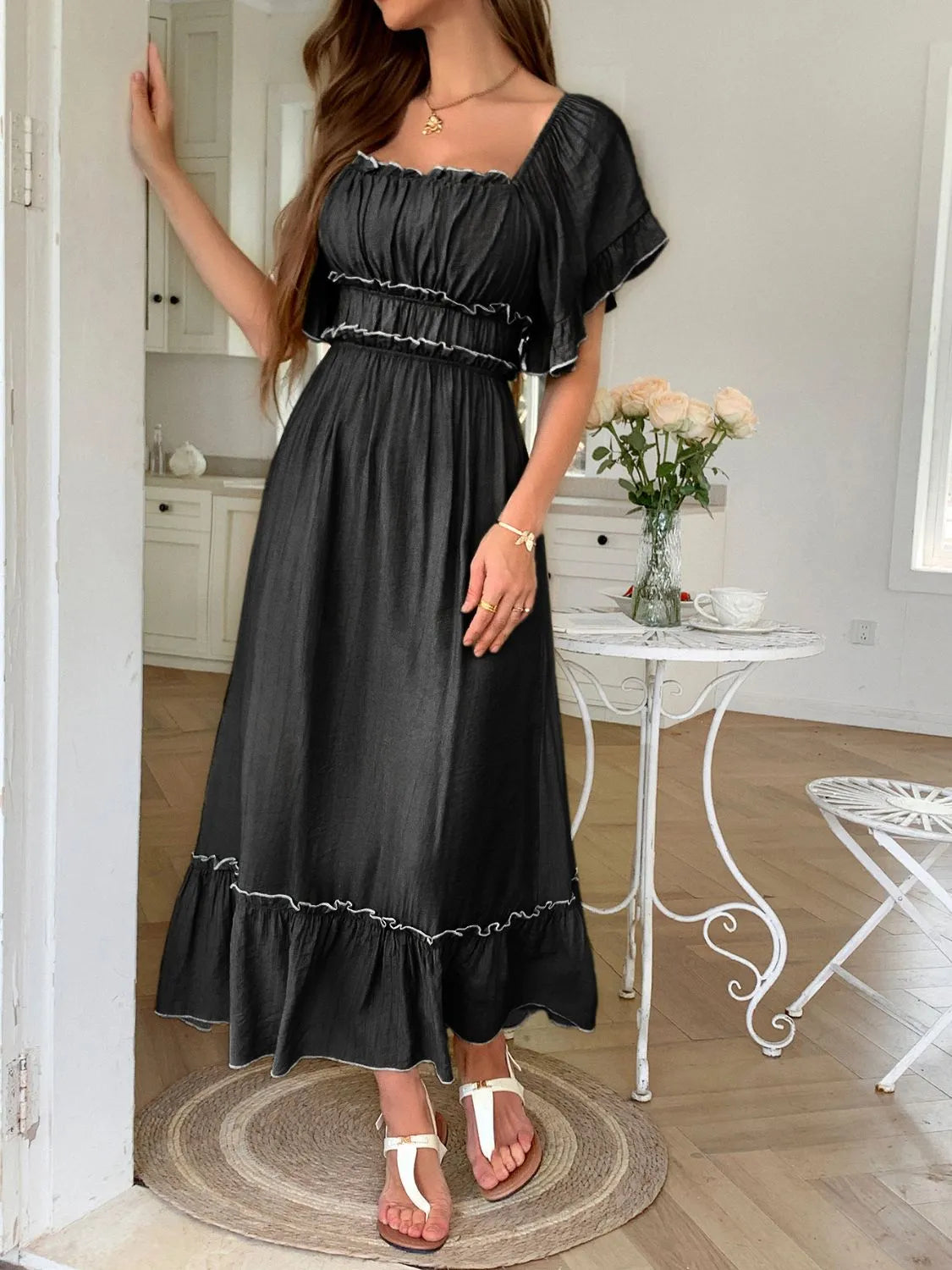 AS | Čtvercový výstřih Puff rukávy Frill trim Maxi šaty