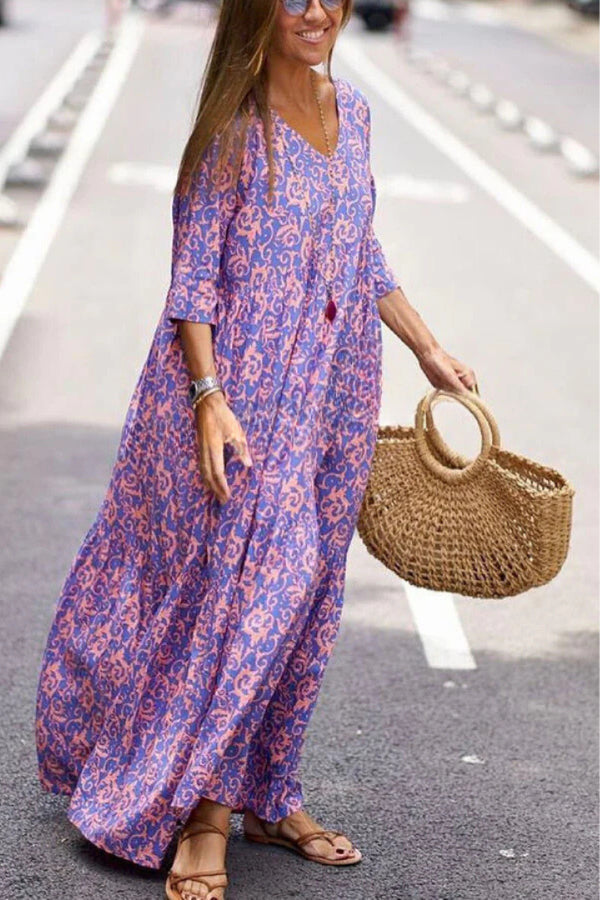 LB | Fashion Pattern Printed Half Sleeve Loose Swing Maxi Dresse