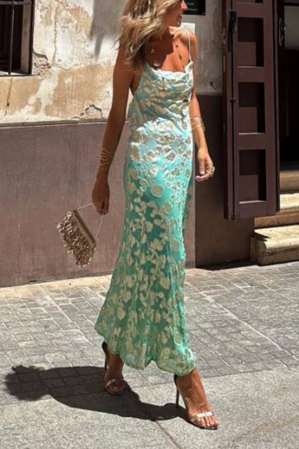 LB | Tie Dye Ombre Gold Floral Print Sexy Strappy Maxi Dress