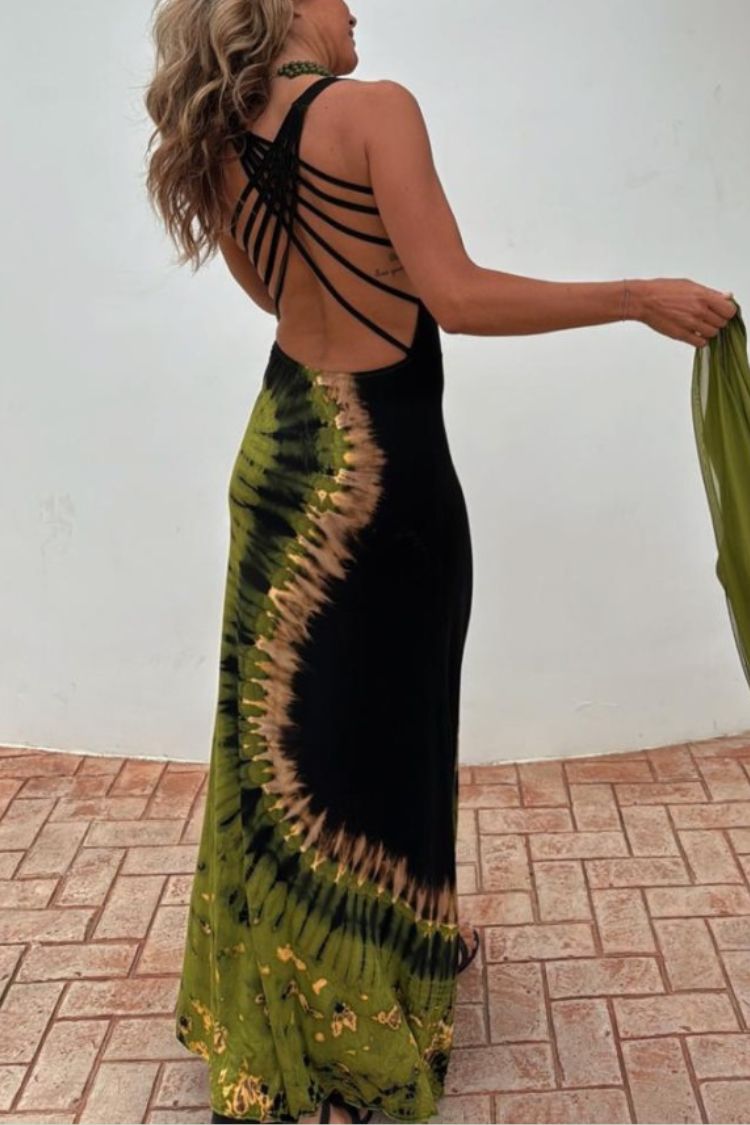LB | Summer Adventures Tie-dye Print Back Lace-up Stretch Maxi Dress