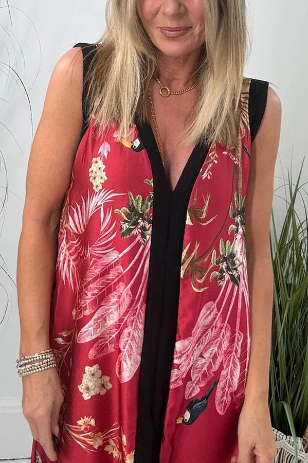 LB | Vanna Unique Tropical Print Black Patchwork Detail A-Line Maxi Dress