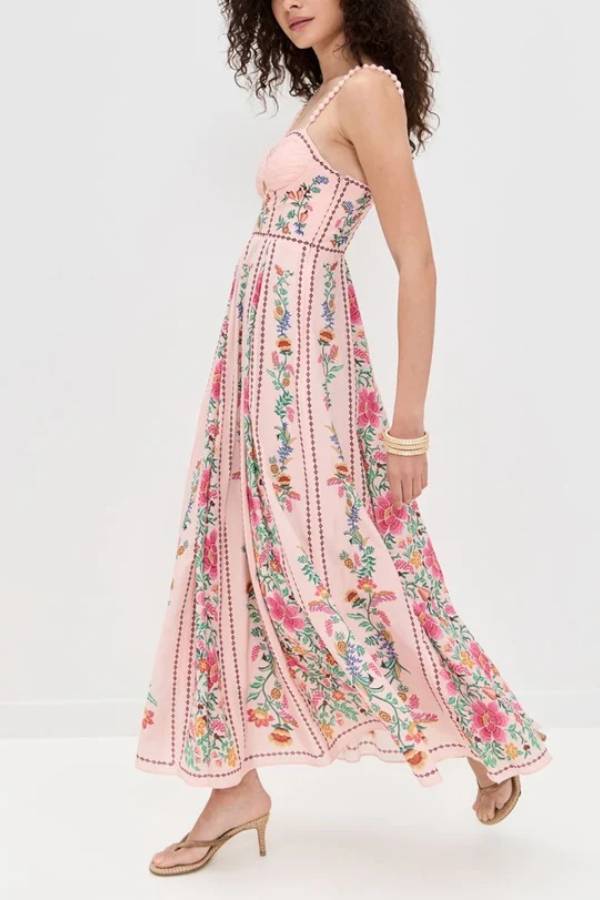 LB | Delicate Forest Unique Print Sweetheart Neck Beaded Straps Maxi Dress