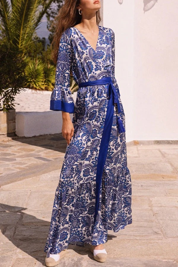 LB | Greek Island Satin Unikalna sukienka maxi z frędzlami w kwiatowy wzór w stylu kopertowym