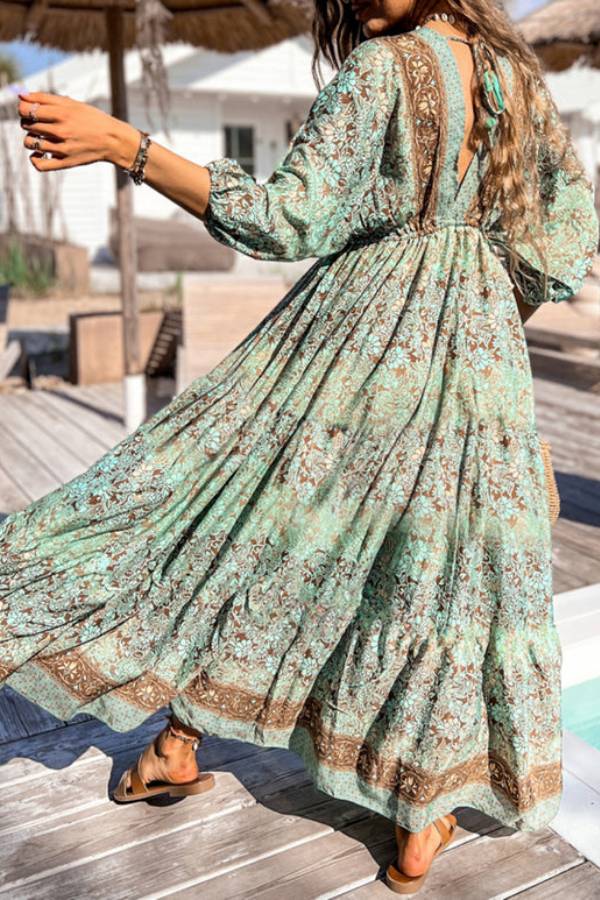 LB | Green Boho Floral Print Backless Maxi Dress z wysokim stanem i sznurkiem do ściągania