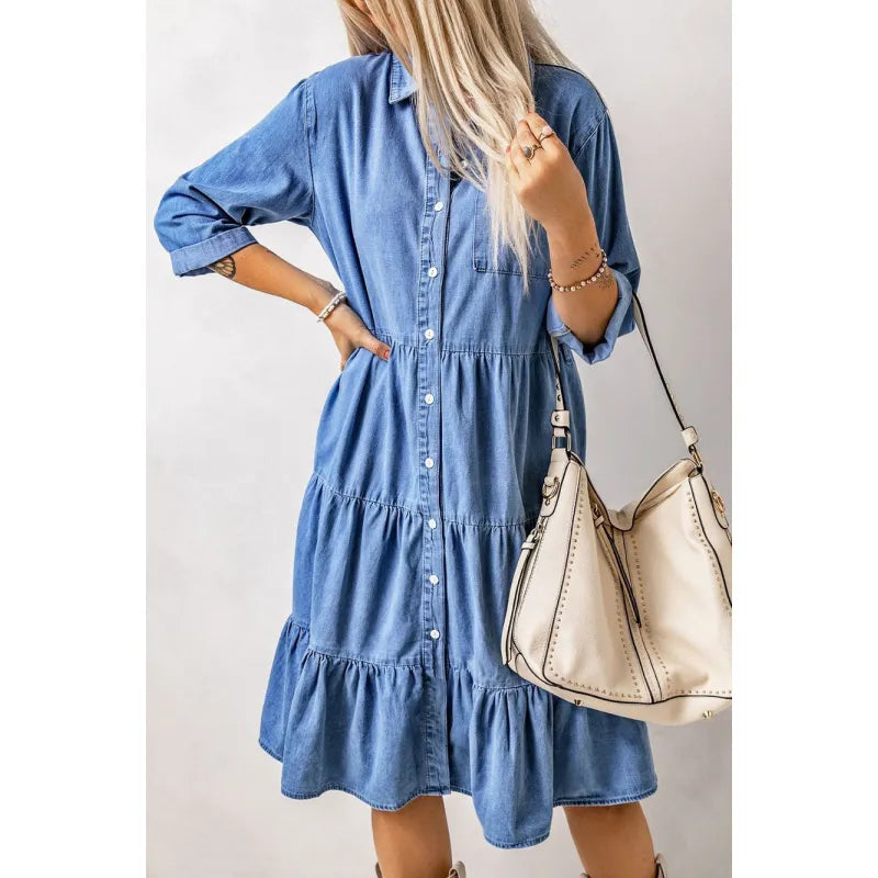 LB | Mini sukienka chambray z falbankami i zapięciem na guziki w kolorze denimu