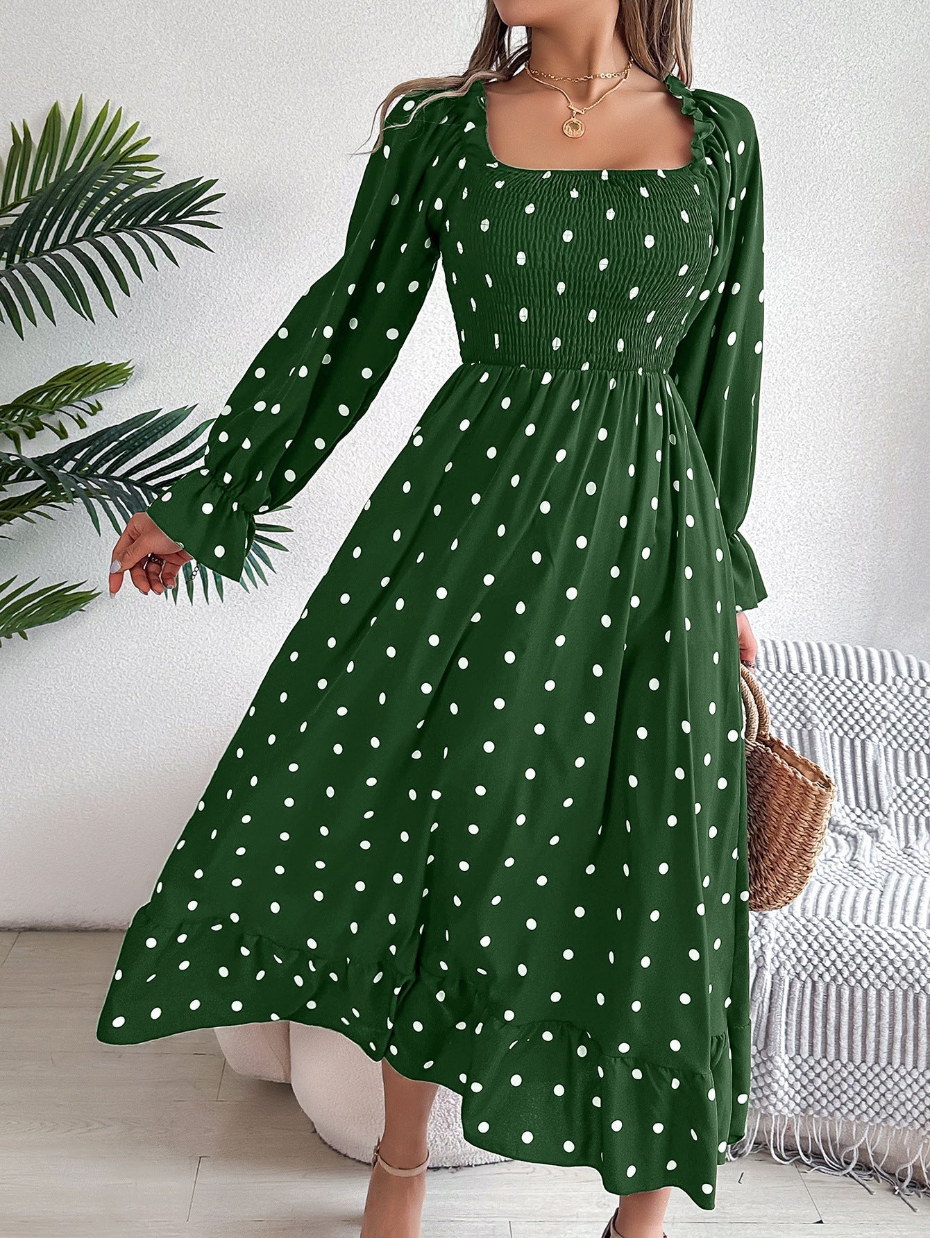 AS | Casual Square Collar Polka Dot Swing Dress s dřevěnýma ušima