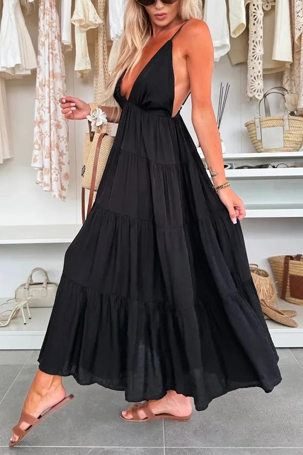 LB | Bohemian Style V-Neck Backless Slip Layered Holiday Maxi Dress