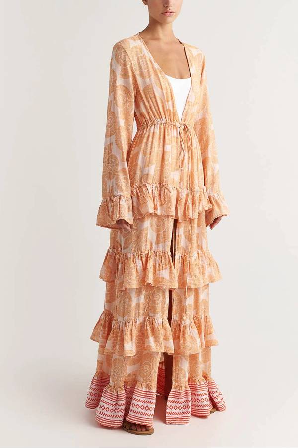 LB | Soleil Shell Print Drawstring Waist Striped Ruffle Cover-up Maxi Dress
