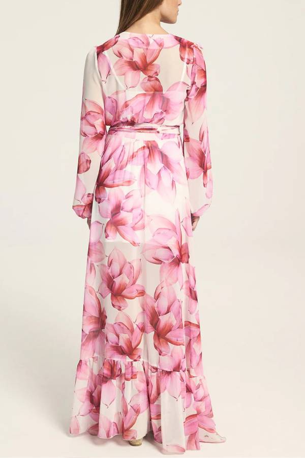 LB | Island Girl Floral Print V-Neck Long Sleeve Tie Slit Holiday Maxi Dress