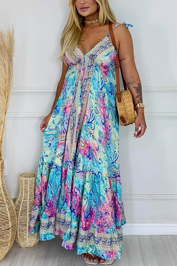 LB | Bohemian Style Unique Print V-Neck Suspender Holiday Maxi Dress