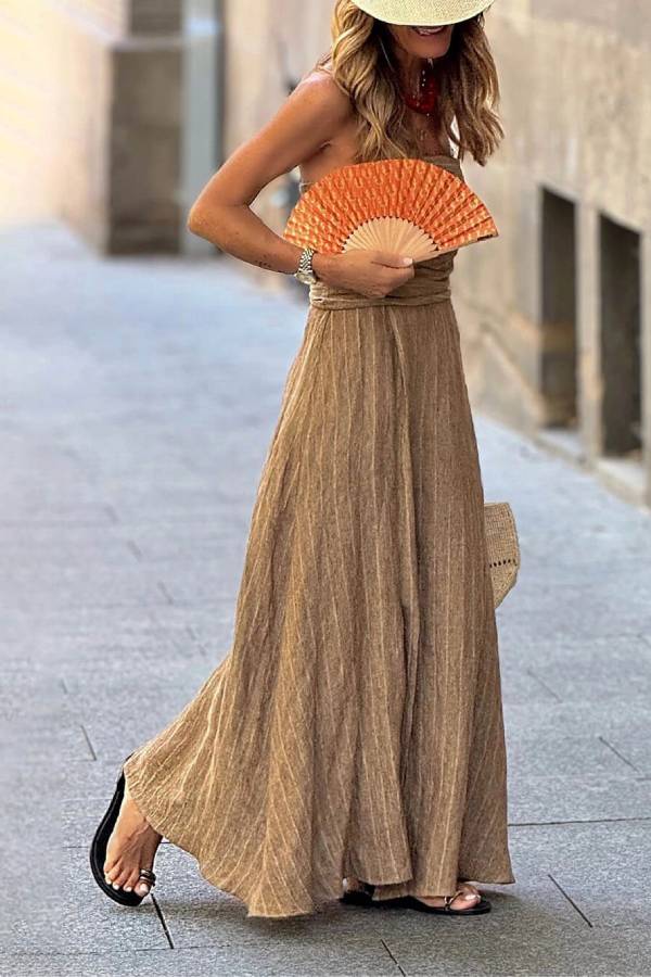 LB | Retro Unique Stripe Print Ruffled Slit Linen Maxi Dress
