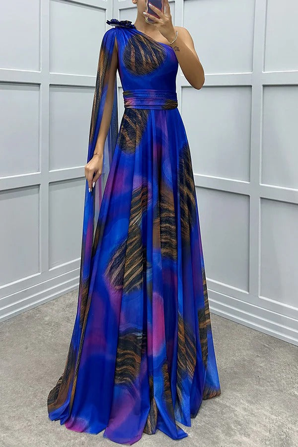 LB | Lucia Unique Print Floral Detail One Shoulder Draped Sleeve Dress Maxi Dress