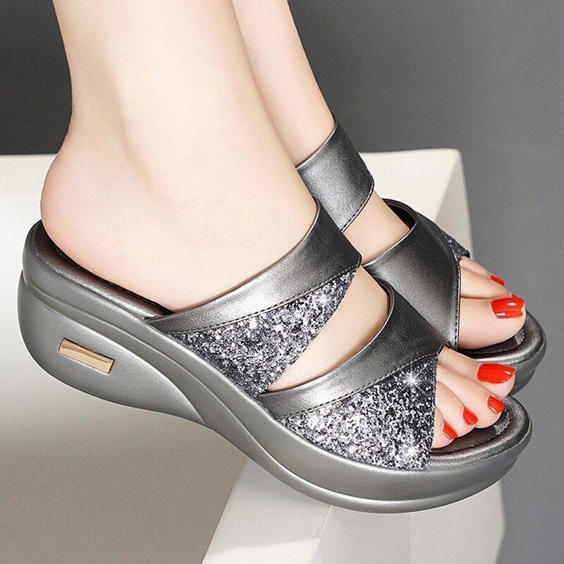 LB | Summer Glitter PU Wedge Platform Wygodne sandały dla kobiet