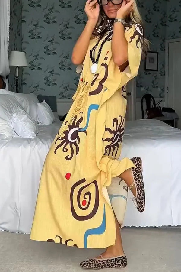 LB | Helia Linen Blend Unique Print Kaftan Maxi Dress ze sznurkiem w talii