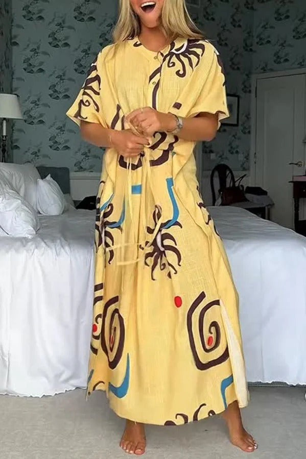 LB | Helia Linen Blend Unique Print Kaftan Maxi Dress ze sznurkiem w talii