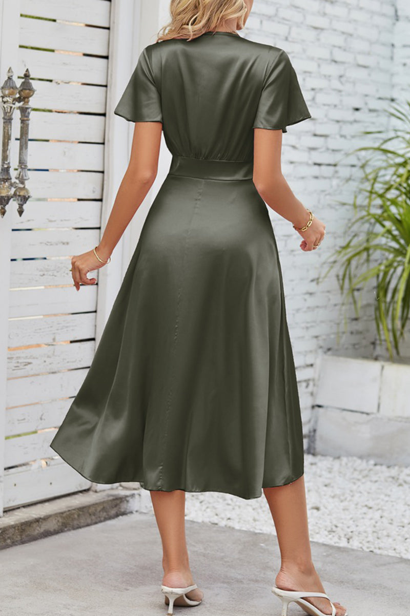 AS | Celebrity Elegantní pevné sklady s lukem V-Neck A Line Dresses(9 barev)