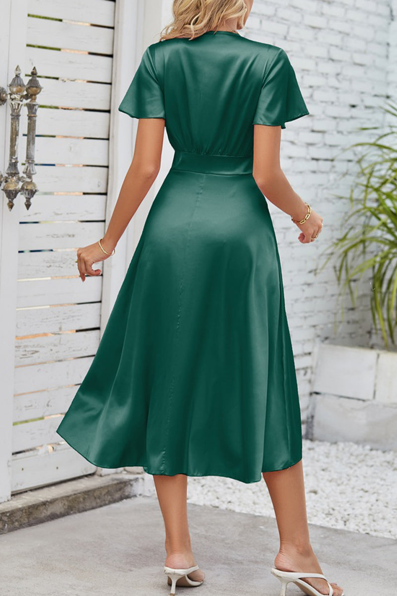 AS | Celebrity Elegantní pevné sklady s lukem V-Neck A Line Dresses(9 barev)
