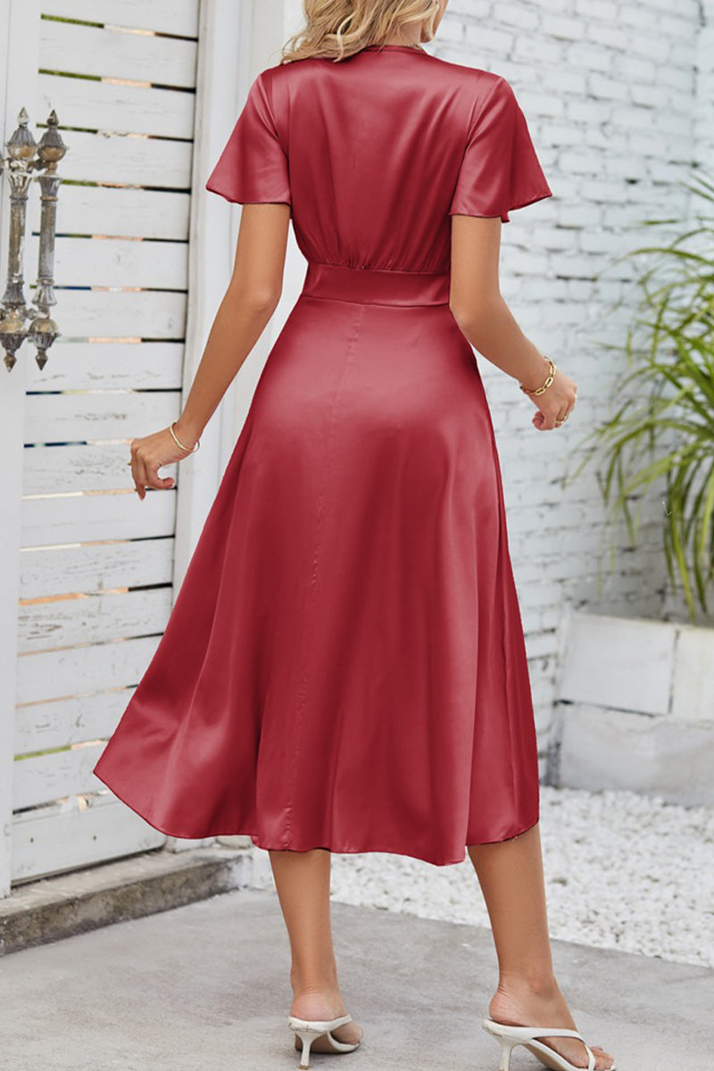 AS | Celebrity Elegantní pevné sklady s lukem V-Neck A Line Dresses(9 barev)