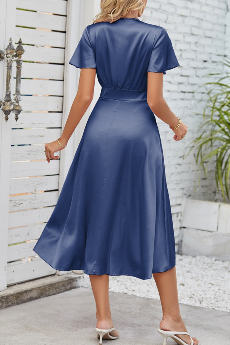 AS | Celebrity Elegantní pevné sklady s lukem V-Neck A Line Dresses(9 barev)
