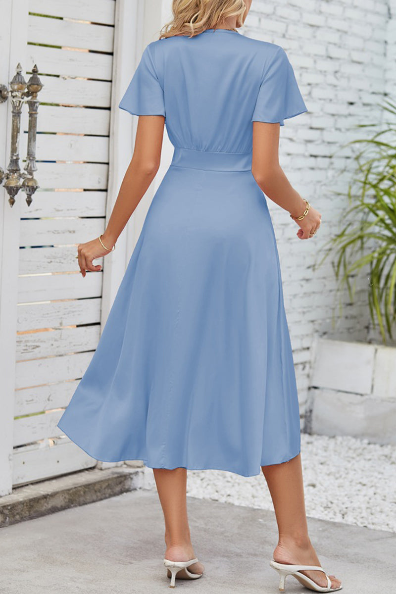 AS | Celebrity Elegantní pevné sklady s lukem V-Neck A Line Dresses(9 barev)