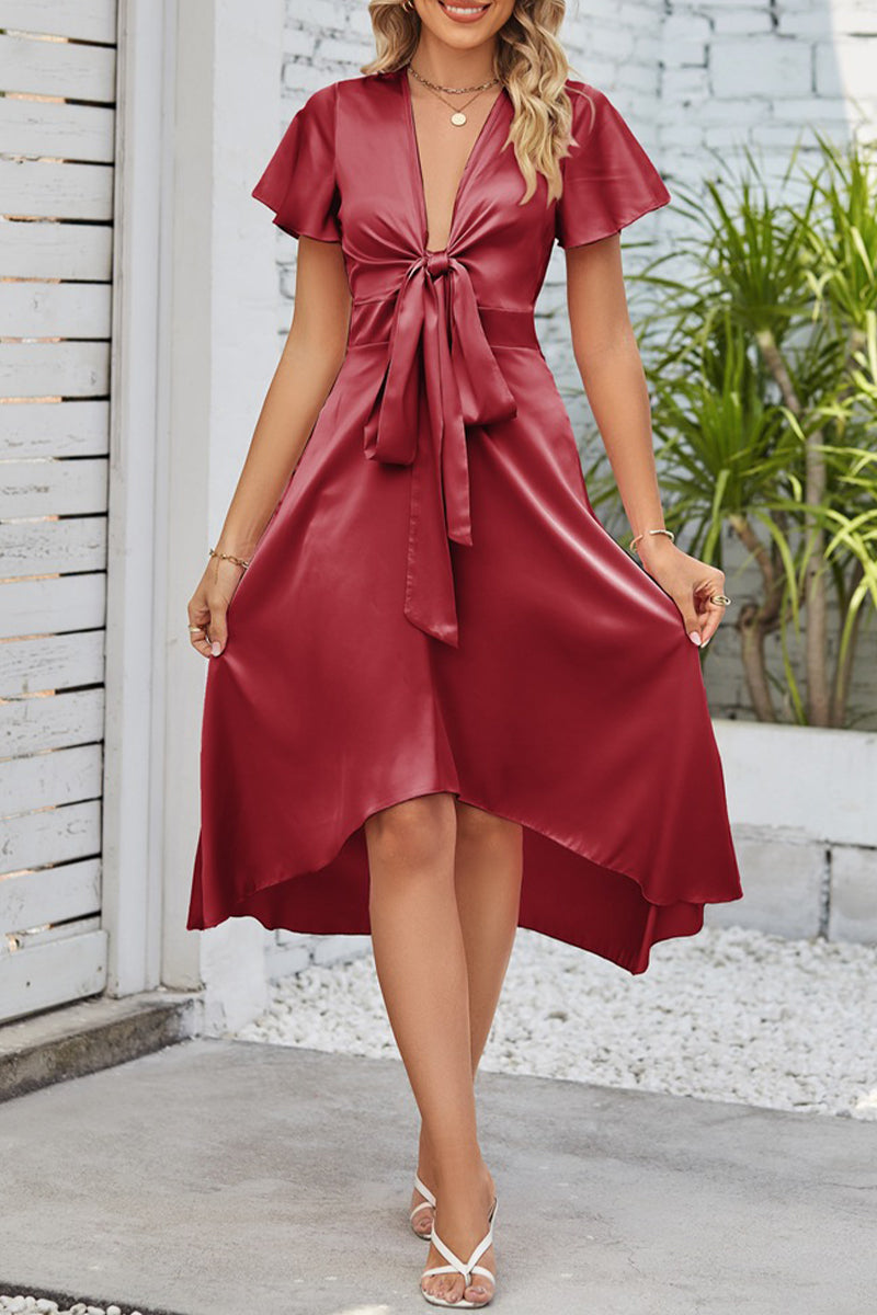 AS | Celebrity Elegantní pevné sklady s lukem V-Neck A Line Dresses(9 barev)