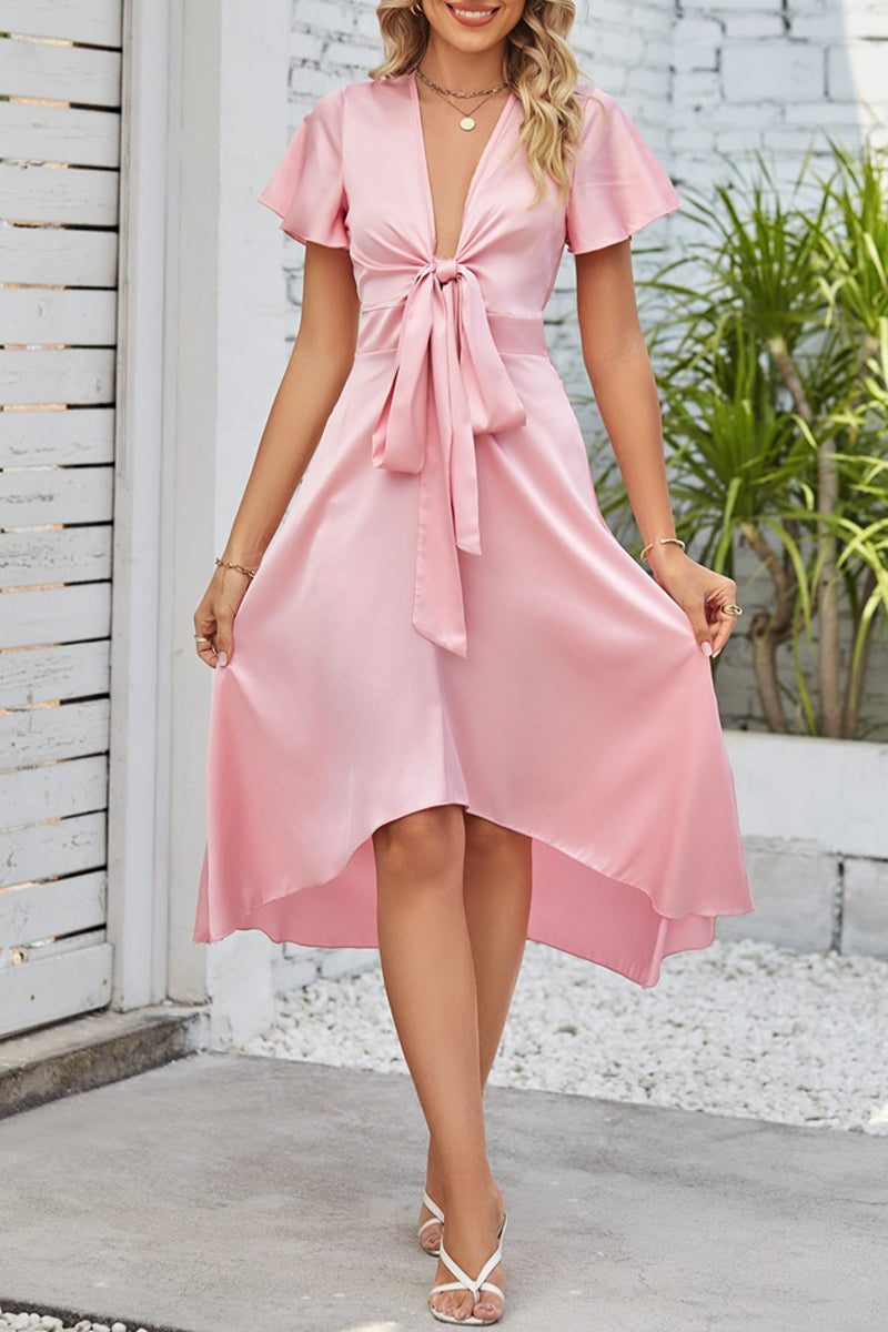 AS | Celebrity Elegantní pevné sklady s lukem V-Neck A Line Dresses(9 barev)