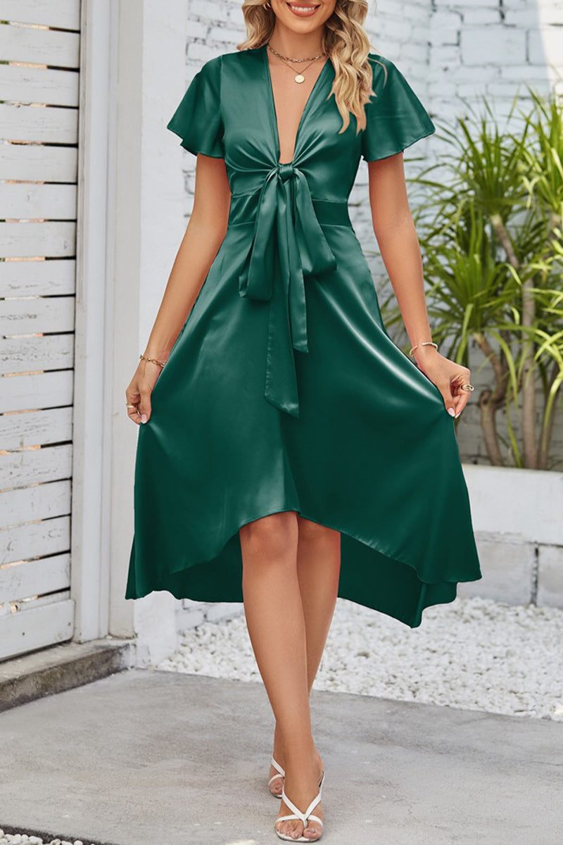 AS | Celebrity Elegantní pevné sklady s lukem V-Neck A Line Dresses(9 barev)