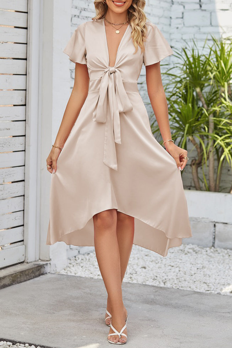 AS | Celebrity Elegantní pevné sklady s lukem V-Neck A Line Dresses(9 barev)