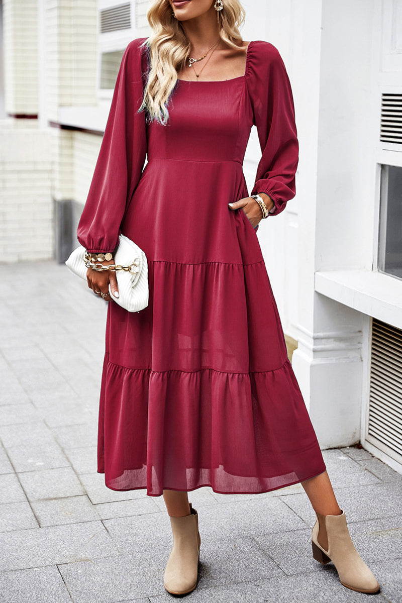 AS | Celebrity Elegantní pevné patchwork čtvercový límec A Line šaty
