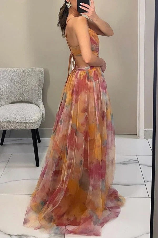 LB | Giselle Tulle Render Floral Print Cut Out Waist Back Lace Up Maxi Dress