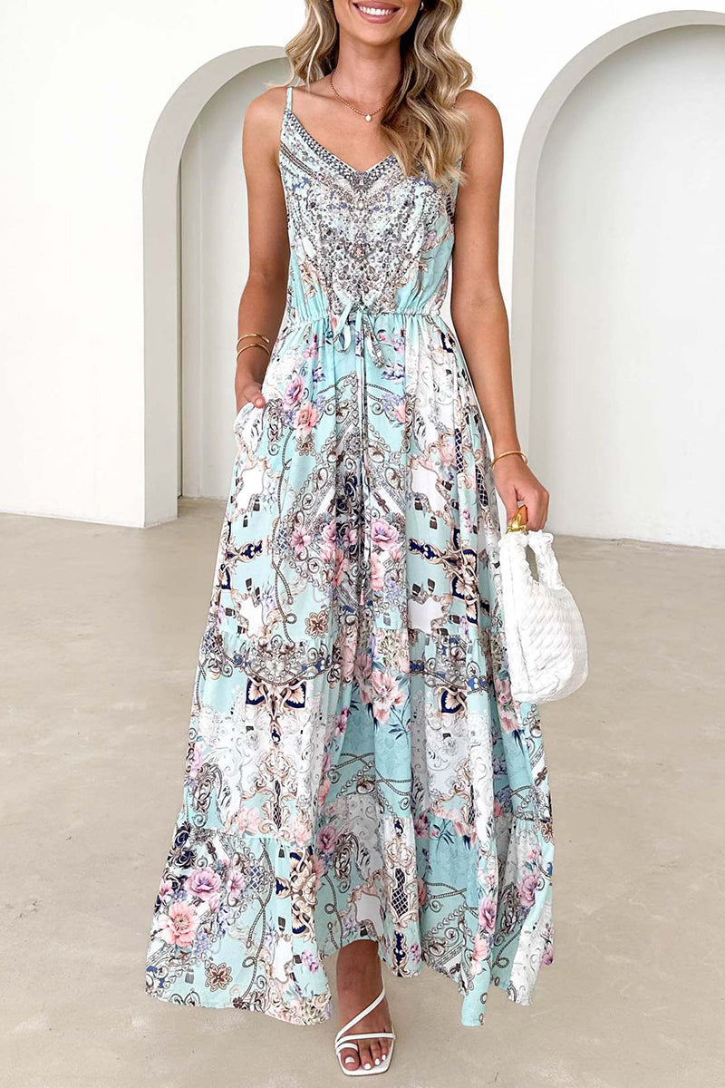 LB | Sexy Vintage Floral Bag Backless V Neck Sling Dress Sukienki na ramiączkach