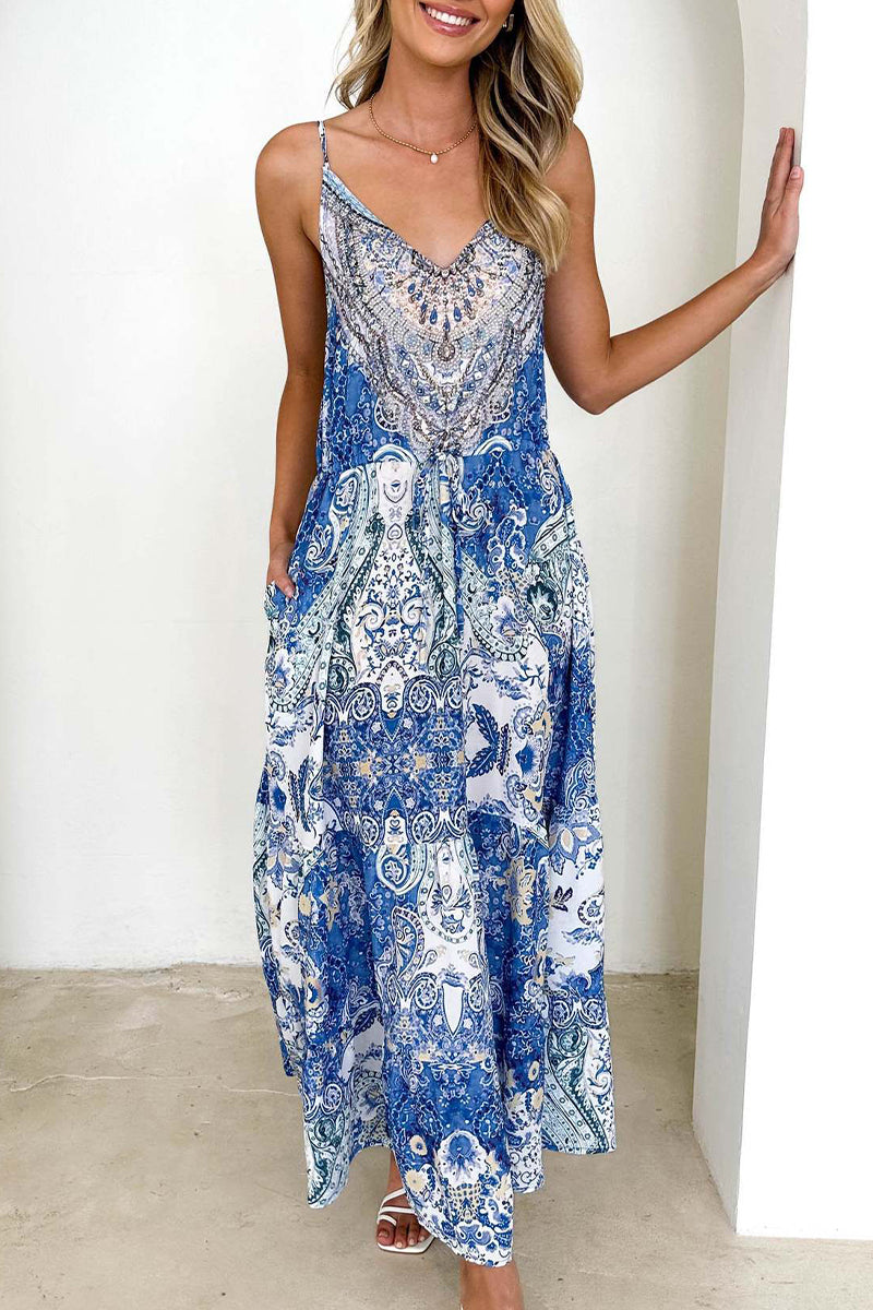 LB | Sexy Vintage Floral Bag Backless V Neck Sling Dress Sukienki na ramiączkach