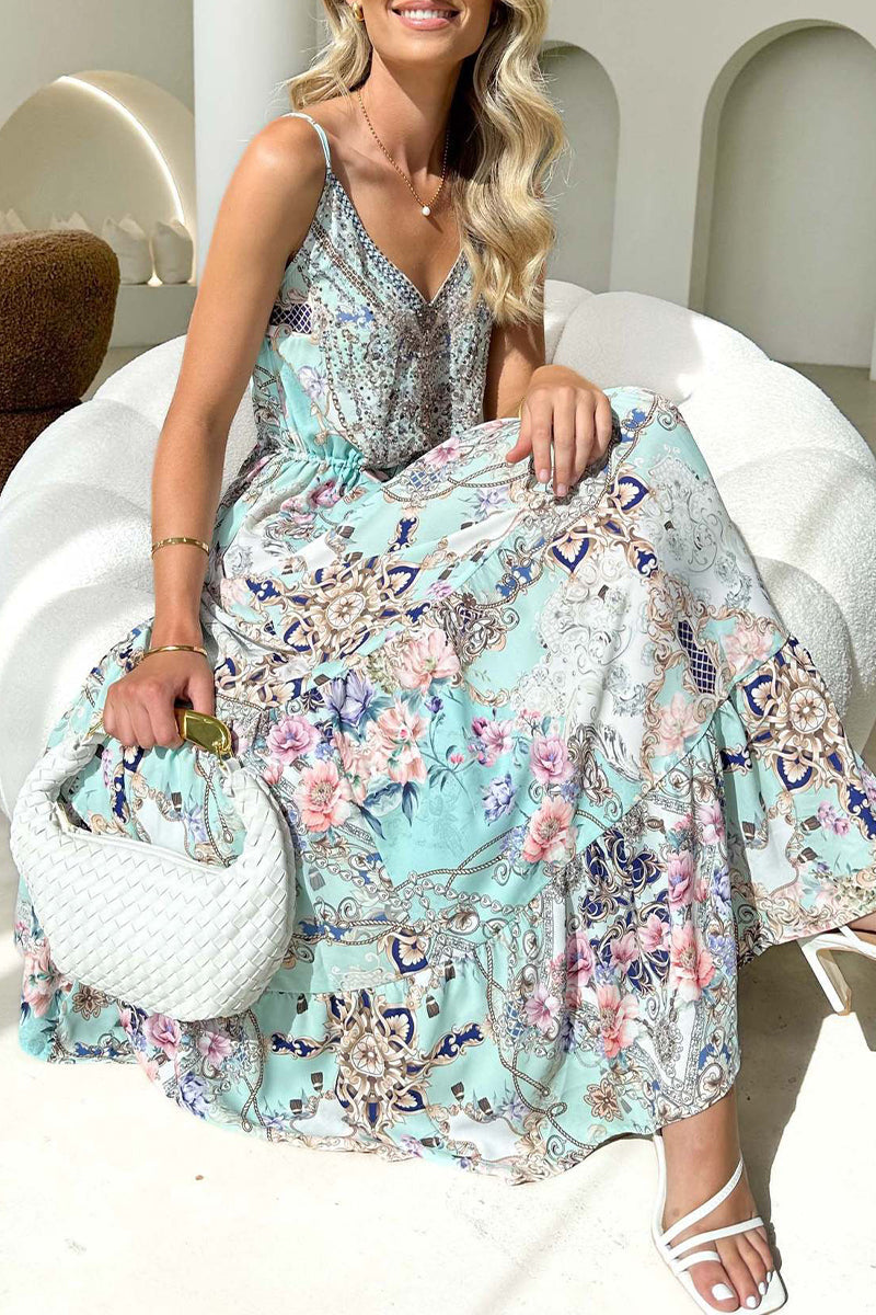 LB | Sexy Vintage Floral Bag Backless V Neck Sling Dress Sukienki na ramiączkach