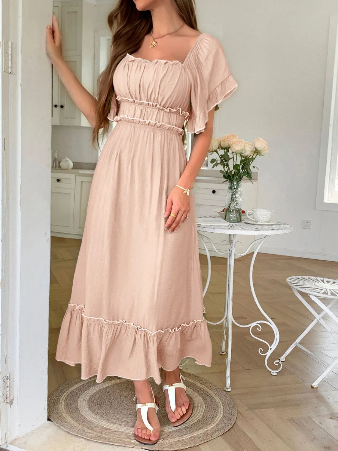AS | Čtvercový výstřih Puff rukávy Frill trim Maxi šaty