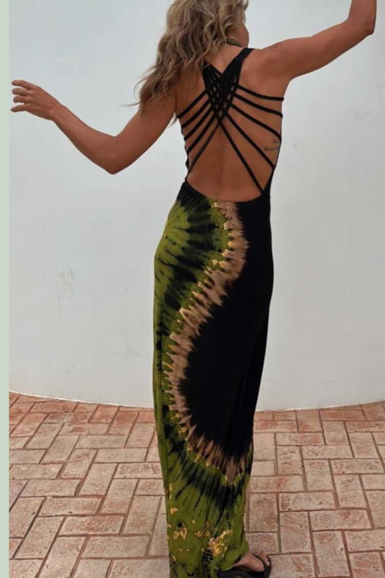 LB | Summer Adventures Tie-dye Print Back Lace-up Stretch Maxi Dress