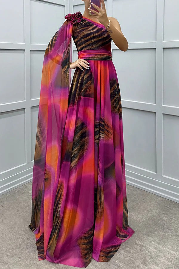 LB | Lucia Unique Print Floral Detail One Shoulder Draped Sleeve Dress Maxi Dress