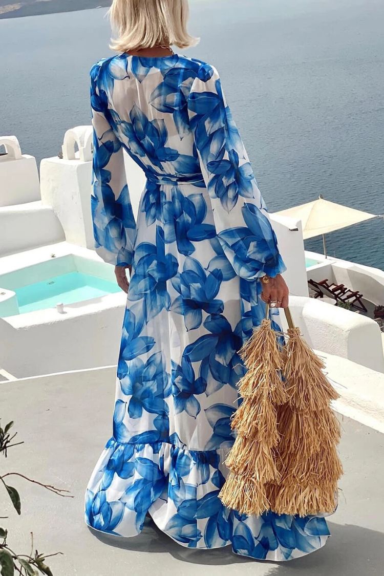 LB | Island Girl Floral Print V-Neck Long Sleeve Tie Slit Holiday Maxi Dress