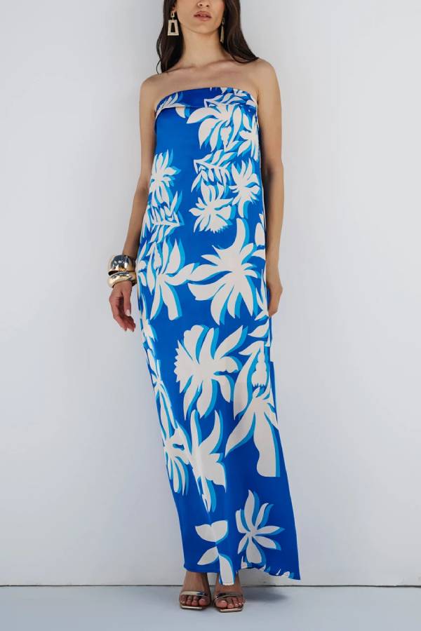 LB | Fashion Holiday Satin Unique Print Off Shoulder Maxi Dress