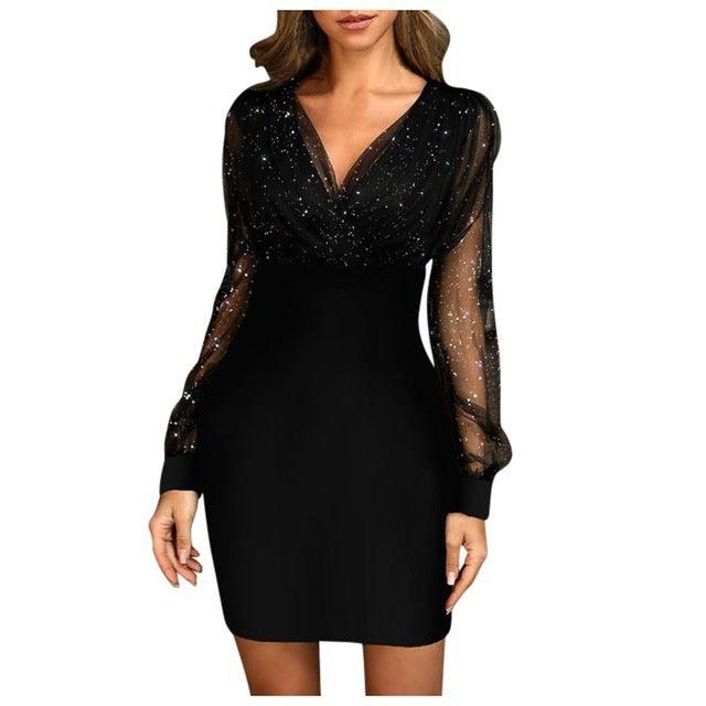 AS | Dámské podzimní šaty s dlouhými rukávy a švy V-Neck Mesh Dress