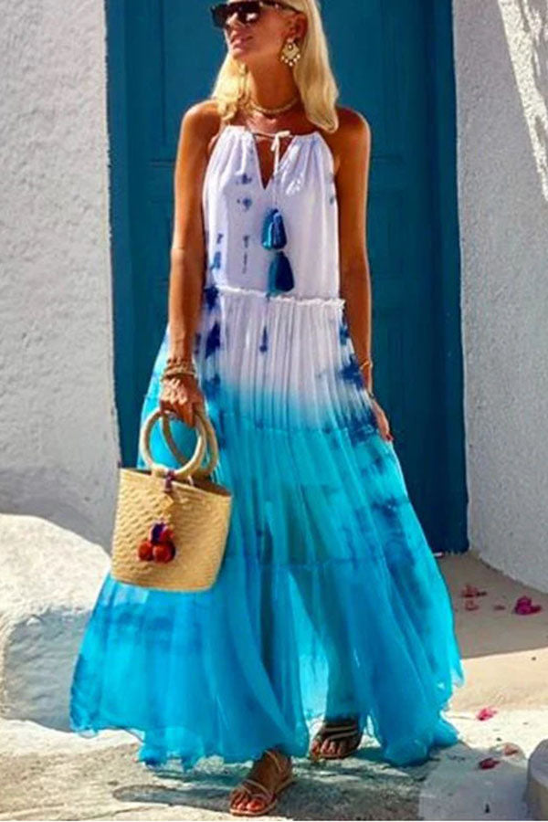 LB | Island Evenings Gradient Print Tassel Halter Maxi Dress
