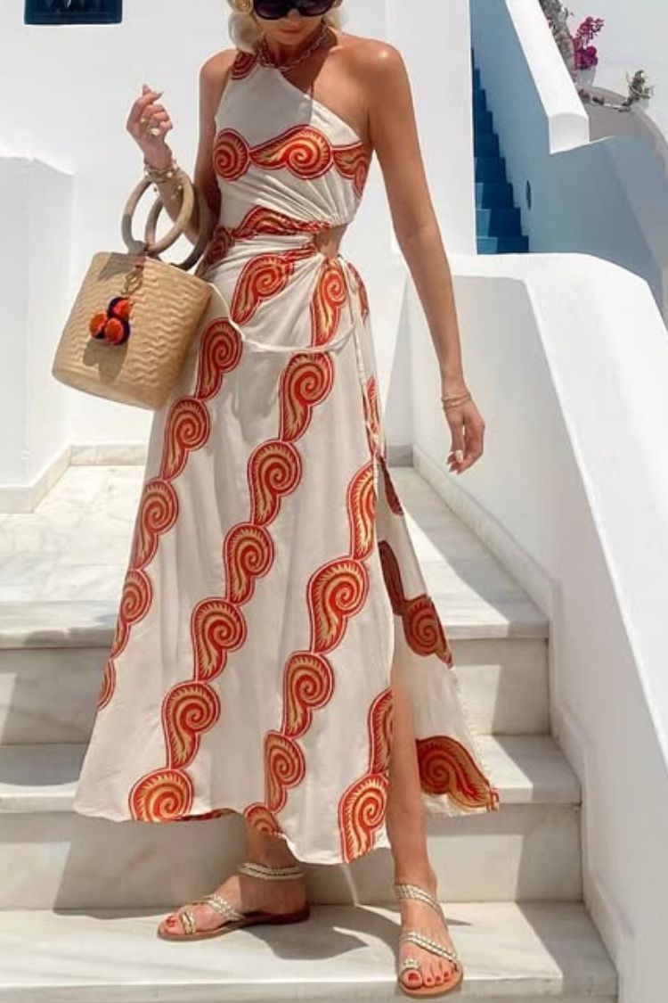 LB | Enjoy A Sunny Linen Blend Shell Print One Shoulder Neckline Waist Lace Up Slit Maxi Dress