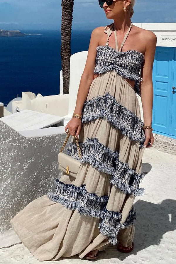LB | Ultimate Island Linen Blend Fringed Patchwork Neckline Halter Maxi Dress