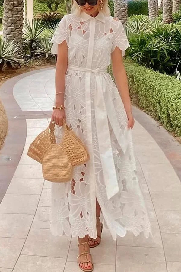 LB | Dubai Style Floral Crochet Lace Short Sleeve Tie-up Shirt Maxi Dress