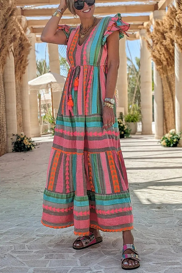 LB | Sunlit Magic Linen Blend Ethnic Print Ruffle Sleeve Tassel Maxi Dress