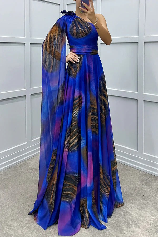 LB | Lucia Unique Print Floral Detail One Shoulder Draped Sleeve Dress Maxi Dress
