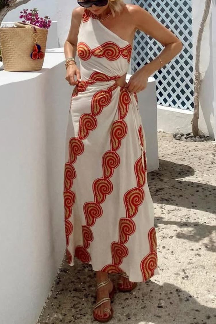 LB | Enjoy A Sunny Linen Blend Shell Print One Shoulder Neckline Waist Lace Up Slit Maxi Dress