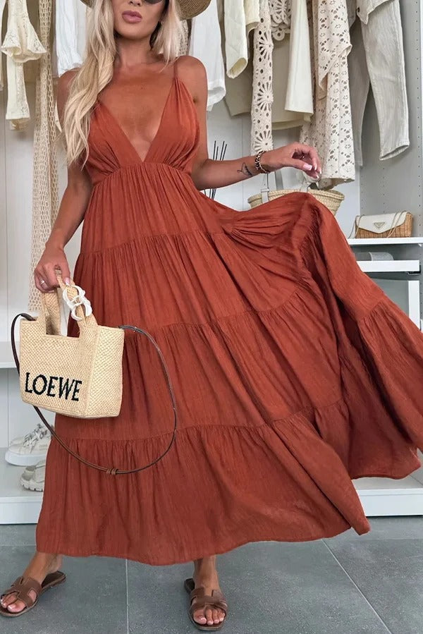 LB | Bohemian Style V-Neck Backless Slip Layered Holiday Maxi Dress