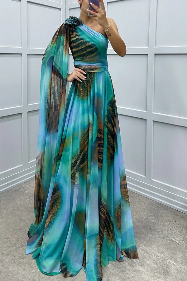 LB | Lucia Unique Print Floral Detail One Shoulder Draped Sleeve Dress Maxi Dress
