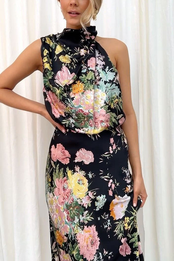 LB | Wine Country Dates Floral Halter Neck Elastyczna sukienka maxi w talii