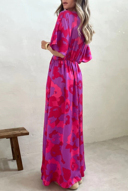 LB | Rose Abstract Floral Print V-Neck Dolman Maxi Dress